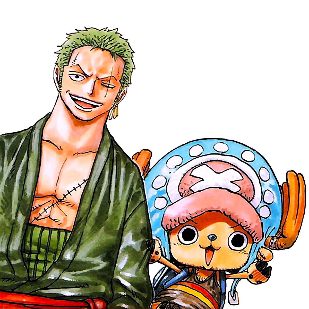 Anime illustration of two ONE PIECE characters: green-haired man and cute reindeer with blue hat