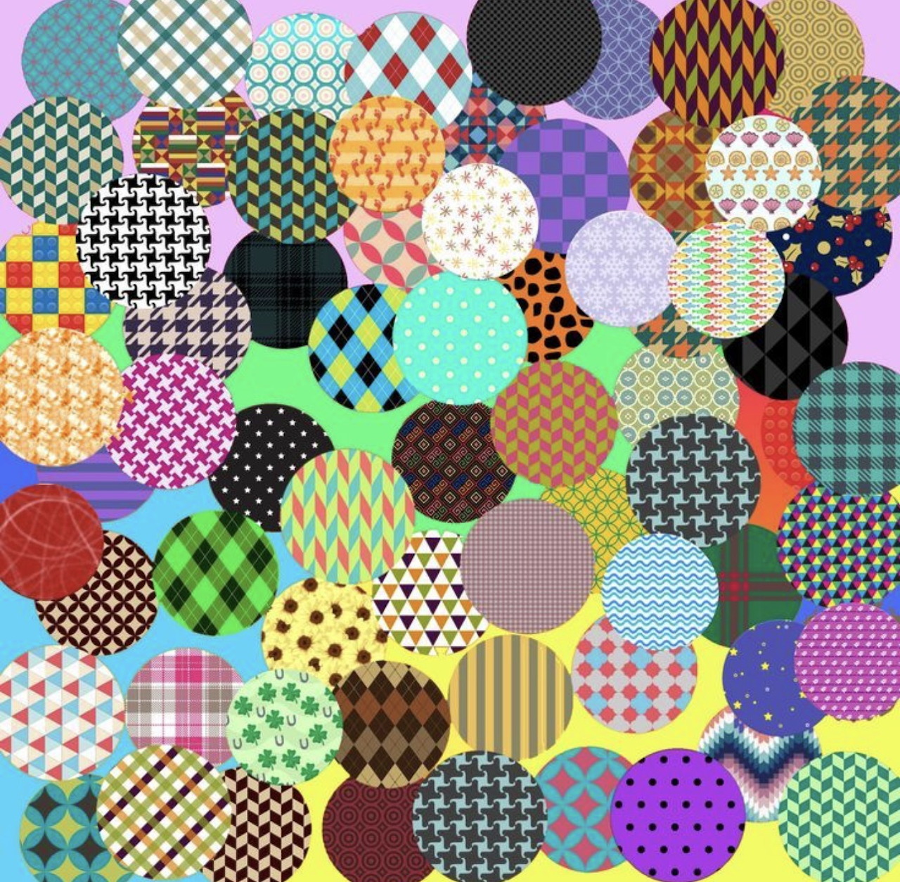 Colorful collage of overlapping circles with various geometric patterns including plaids, dots, and checks