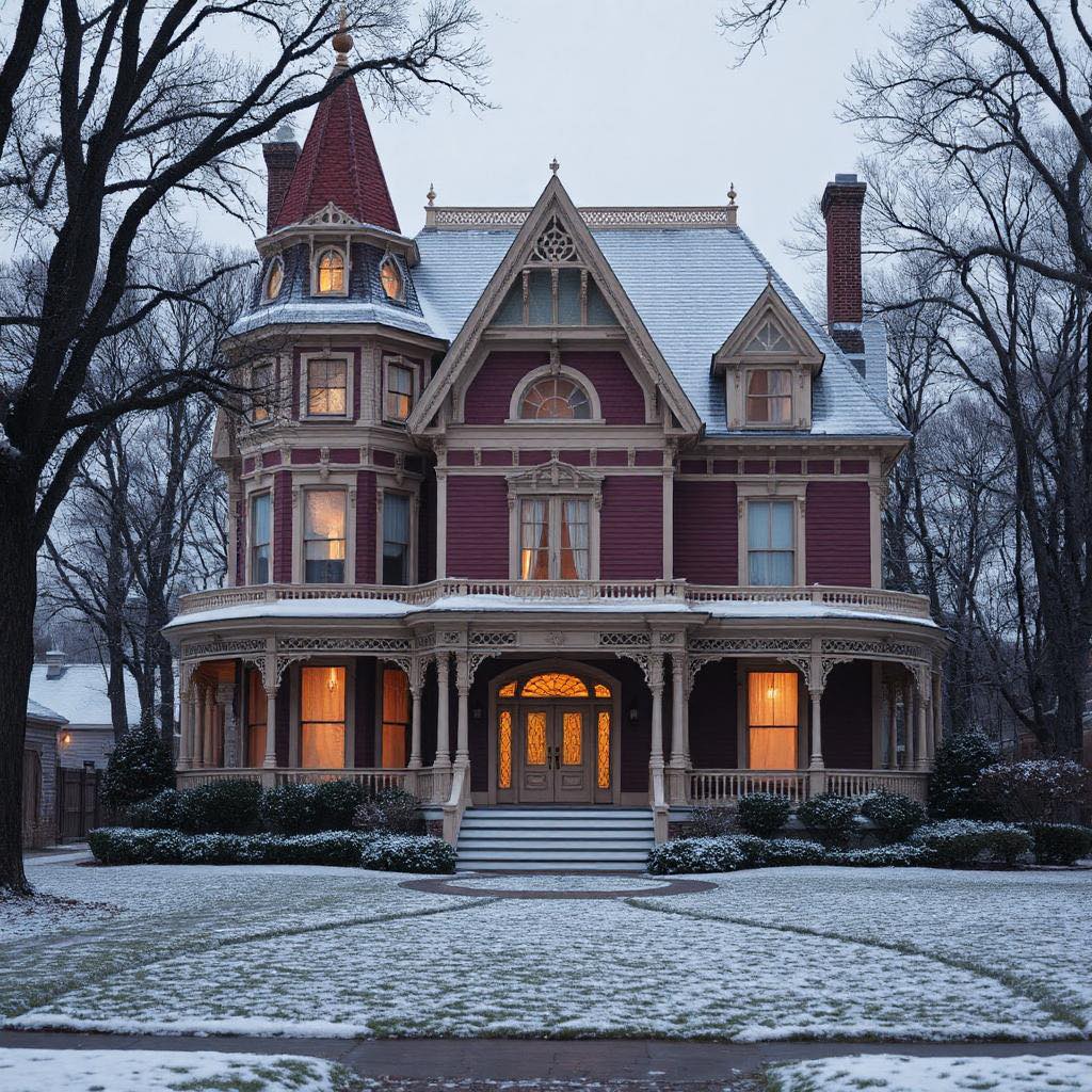 Victorian mansion with turret and glowing windows at twilight in winter