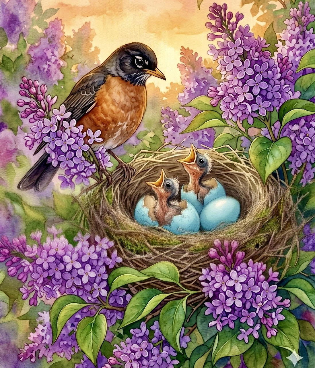Illustration of a robin by a nest with chicks and blue eggs among purple lilac flowers