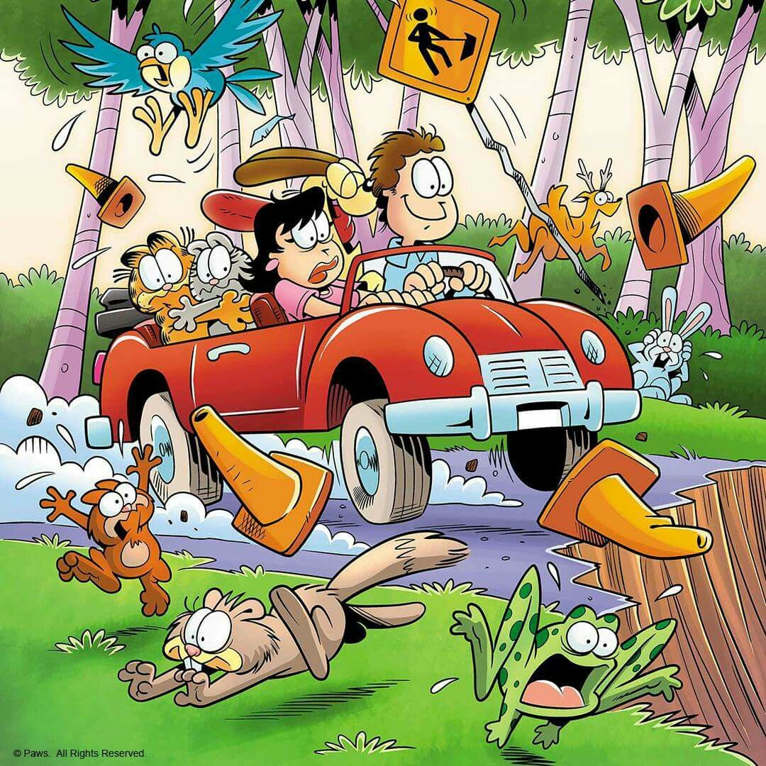 Garfield cartoon characters in red car causing comical chaos with animals fleeing in outdoor scene
