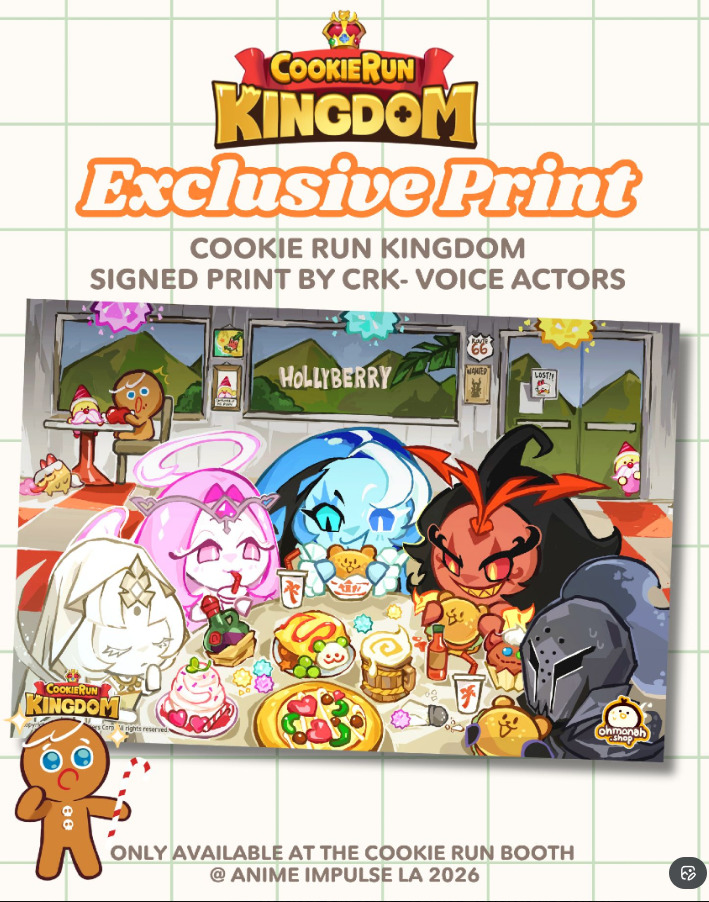 Cookie Run Kingdom exclusive signed print featuring cartoon cookie characters dining together at a table with food.