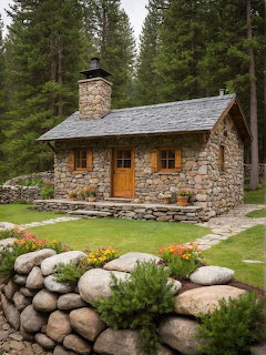 Rustic stone cabin with chimney in forest clearing with rock garden and evergreen trees