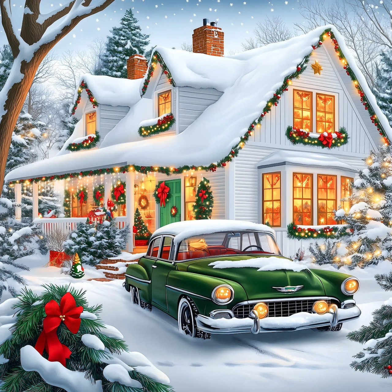 Snow-covered cottage with Christmas decorations and vintage green car in winter landscape