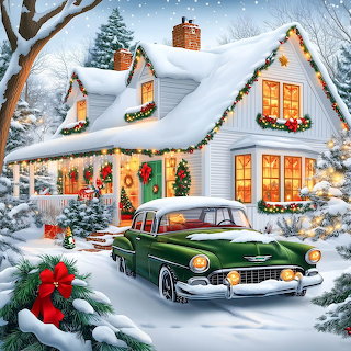 Snowy Christmas Cottage with Vintage Car