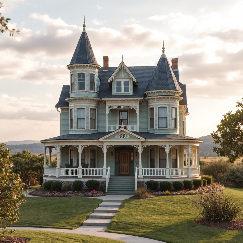 Grand Victorian mansion with turrets and wraparound porch on green lawn under cloudy sky