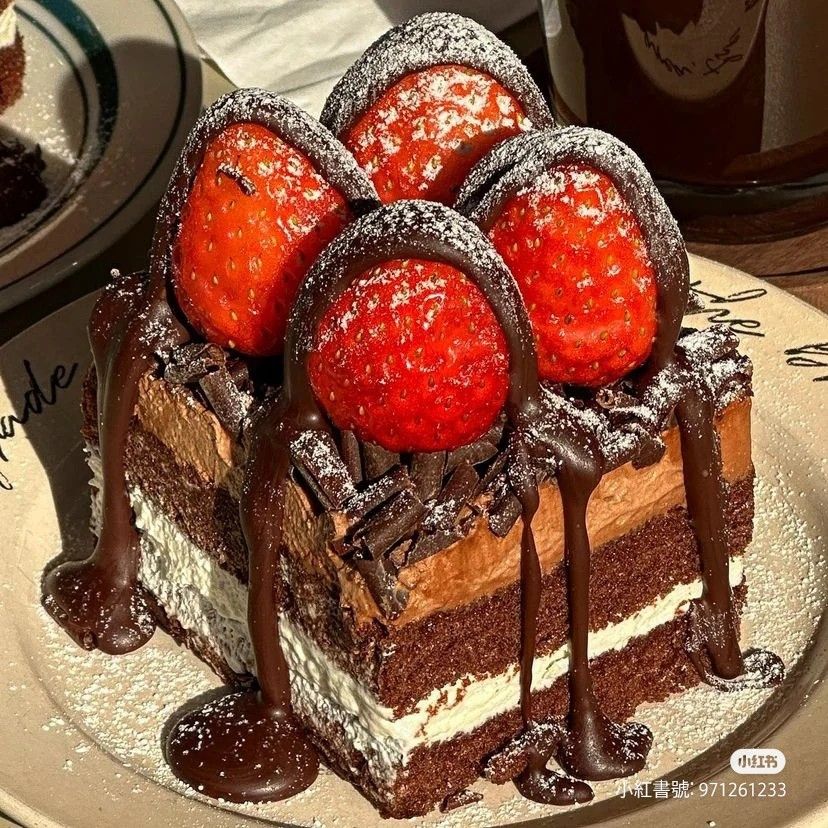 Layered chocolate cake with strawberries on top, drizzled with chocolate sauce and powdered sugar
