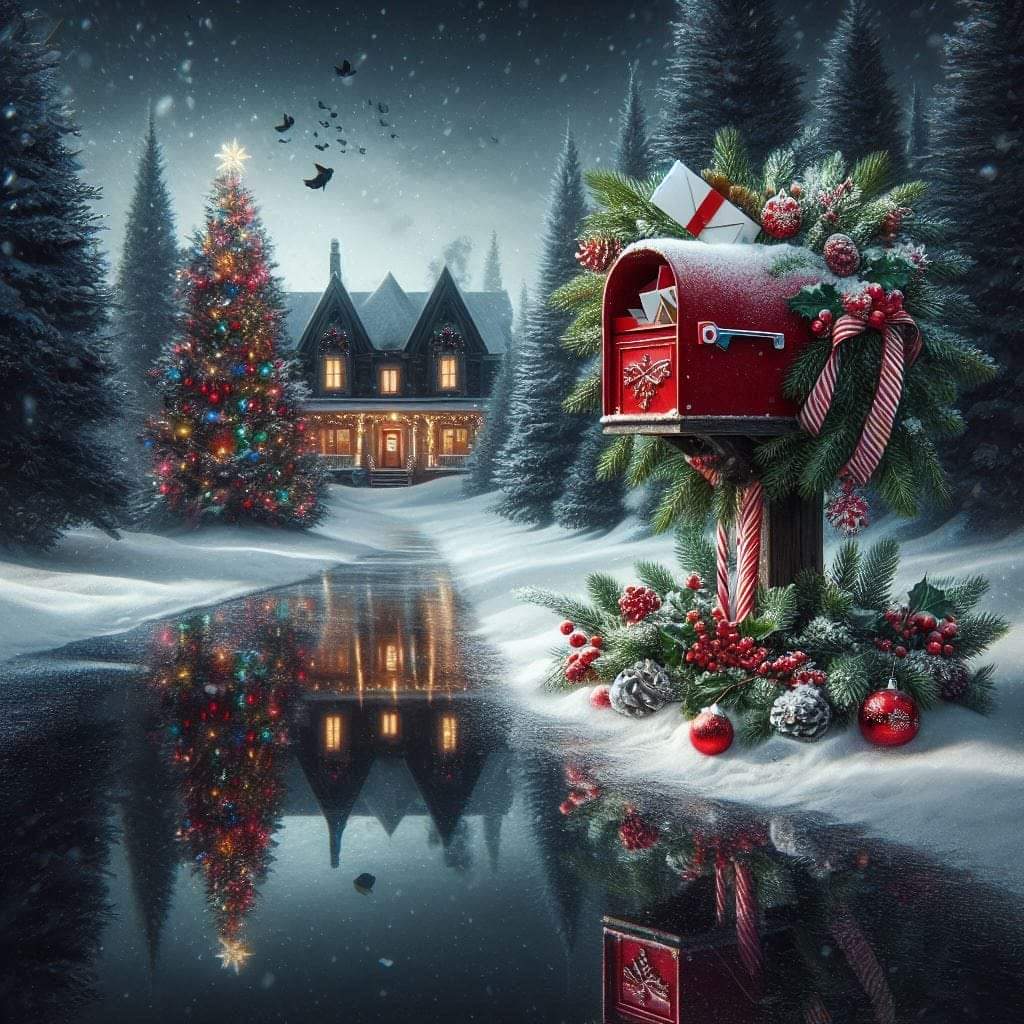 Snowy Christmas scene with red mailbox, decorated tree, cabin by lake, and winter forest under moonlight