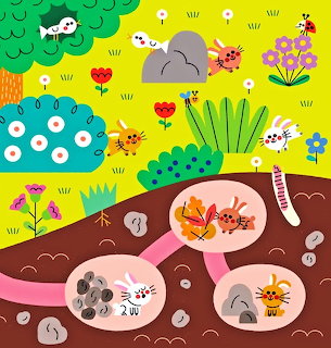 Colorful cartoon spring scene with flowers, birds, bugs, and small animals in underground burrows