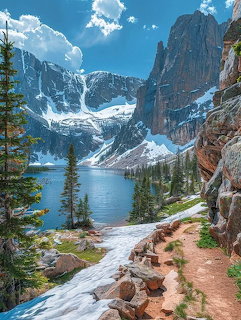 Alpine lake with turquoise water surrounded by steep rocky mountains, snow, and pine trees under blue sky