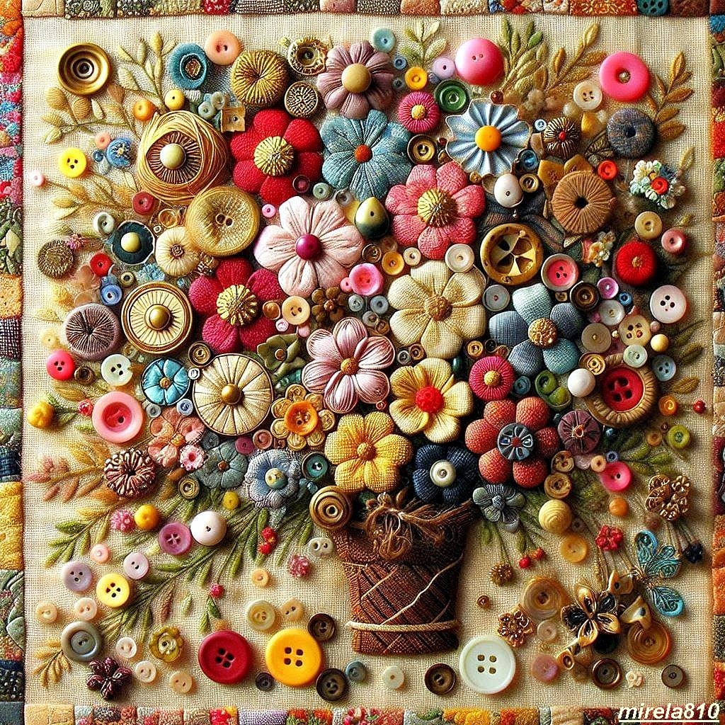 Colorful vintage buttons and fabric flowers arranged in a woven basket on quilted patchwork fabric background
