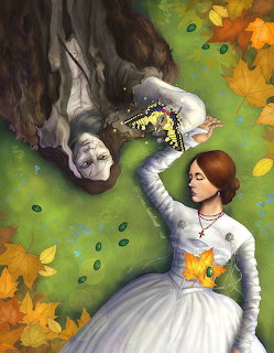 Two women lying on green grass surrounded by autumn leaves, one holding a yellow flower, aerial view painting