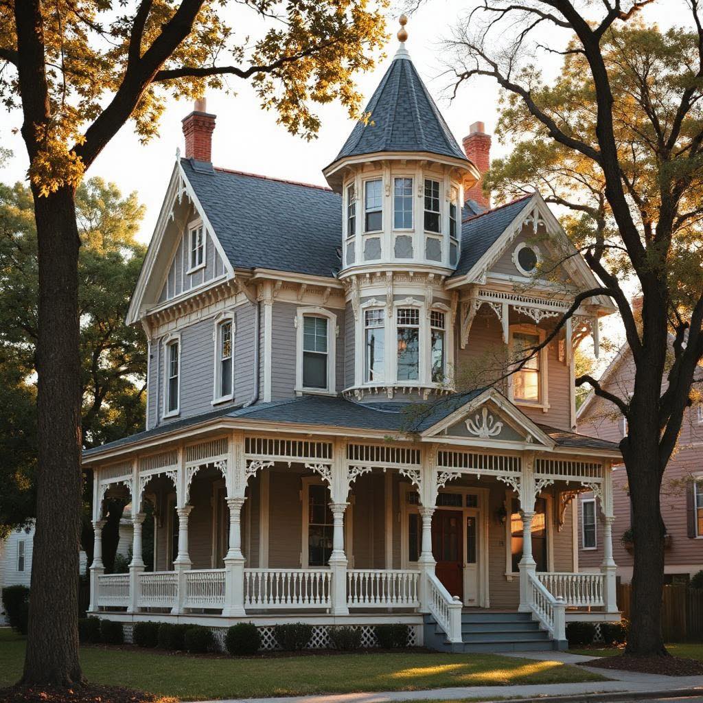 Victorian house with turret, ornate woodwork, wraparound porch, and warm lighting surrounded by fall foliage