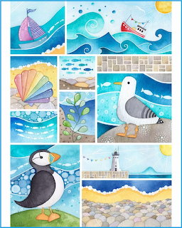 Colorful seaside collage illustration with boats, waves, shells, seabirds, fish, and a lighthouse