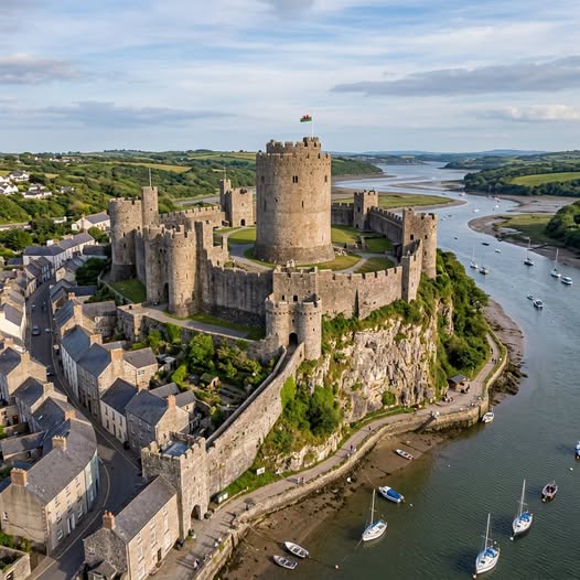 Aerial view of Pembroke Castle with stone towers beside a river estuary and Welsh town