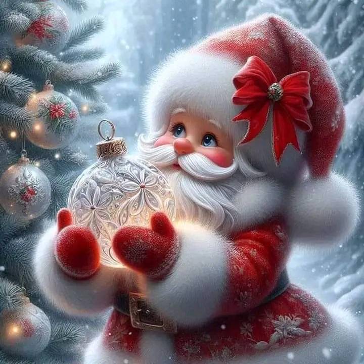 Illustrated Santa Claus holding a glass ornament beside a snowy Christmas tree