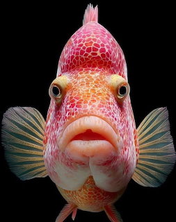 Close-up portrait of a pink and orange fish on a black background