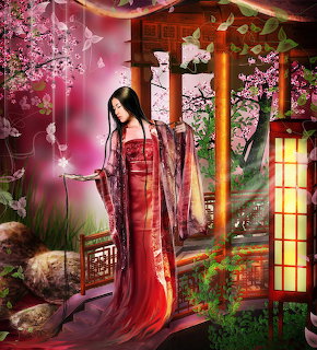 Woman in red kimono in Japanese garden with pink cherry blossoms and traditional lanterns