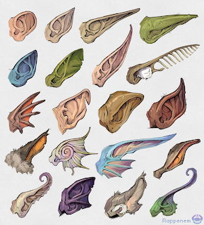 Grid of 20 diverse fantasy creature ear illustrations in different colors and organic shapes
