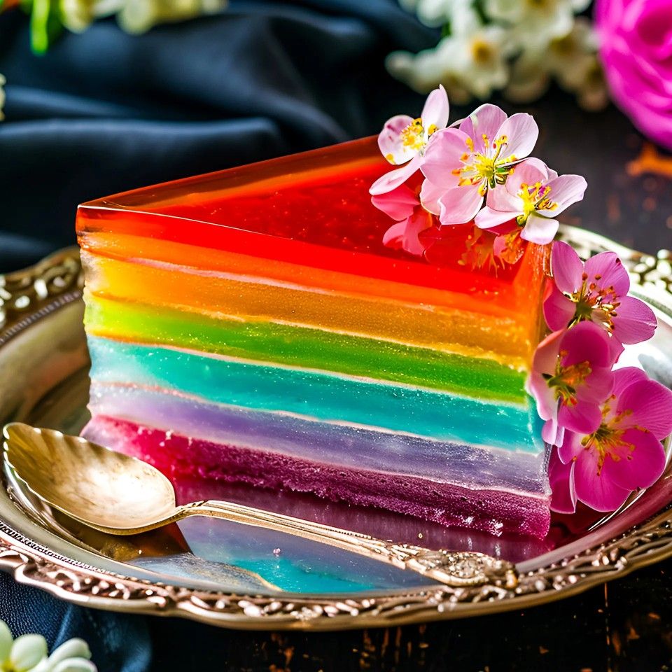 Transparent rainbow gelatin cake slice with pink flowers on decorative gold plate