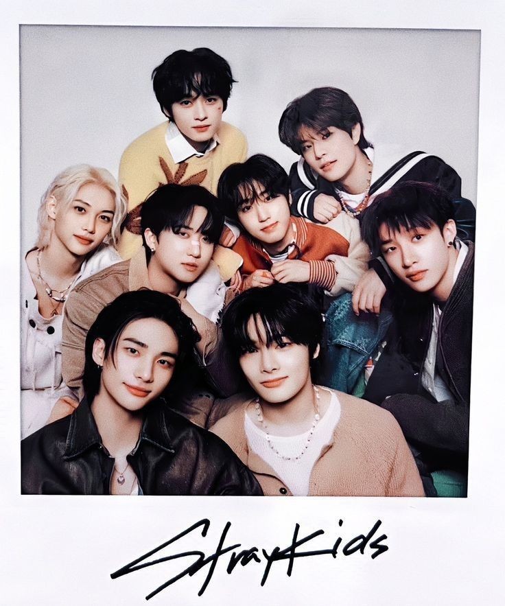 Eight Stray Kids K-pop members posing together in a polaroid-style photo with their signature