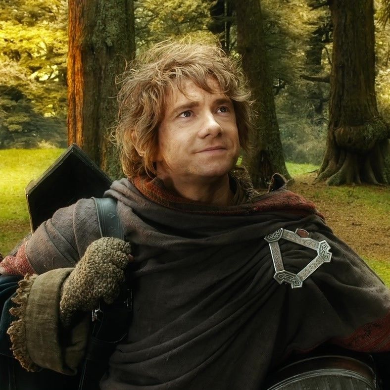 Curly-haired hobbit in dark cloak and armor standing in golden forest light