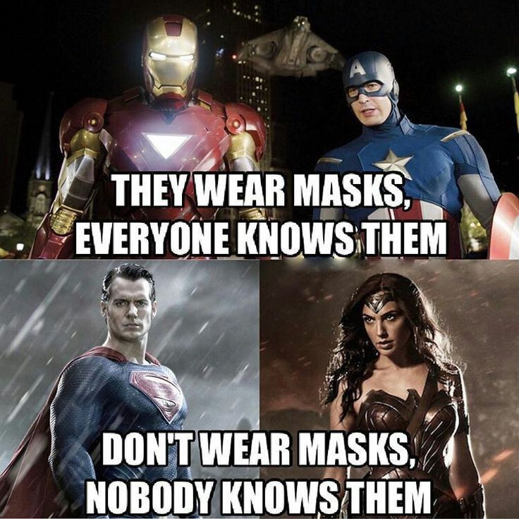 Four-panel meme showing Iron Man, Captain America, Superman, and Wonder Woman with text about masks and recognition
