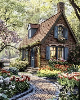 Brick cottage with blue shutters and arched door surrounded by tulip gardens and trees