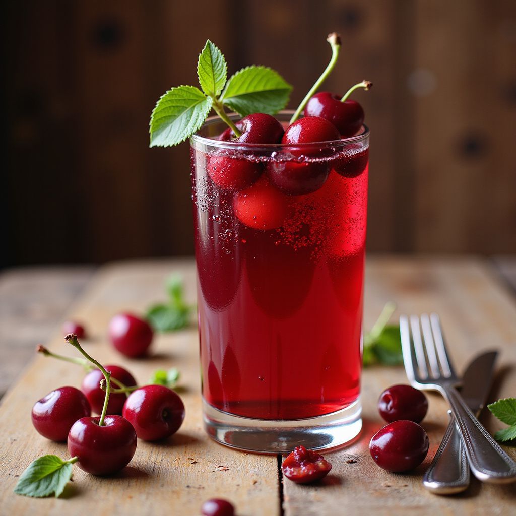 Glass of red cherry drink with cherries and leaves on a wooden table