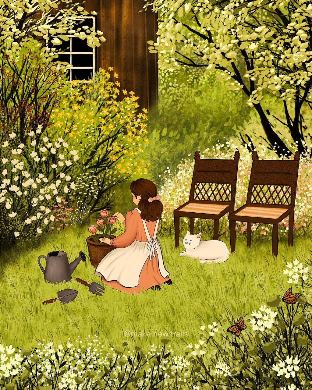 Woman in white dress gardening with a white cat in a green flowering garden
