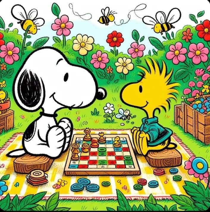 Snoopy and Woodstock playing checkers in a flower garden with bees and butterflies