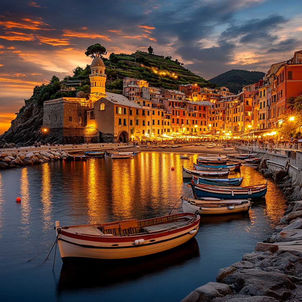 Vernazza harbor at sunset with illuminated buildings, boats, and dramatic orange sky reflected in water