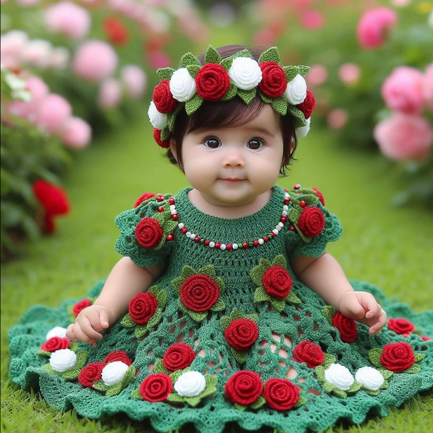 Smiling baby in green crochet dress with roses and floral headband in garden