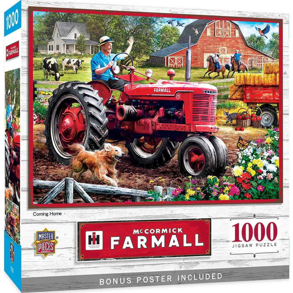 Red Farmall tractor on farm with barn, cows, chickens, hay bales, and flower garden in vibrant countryside setting