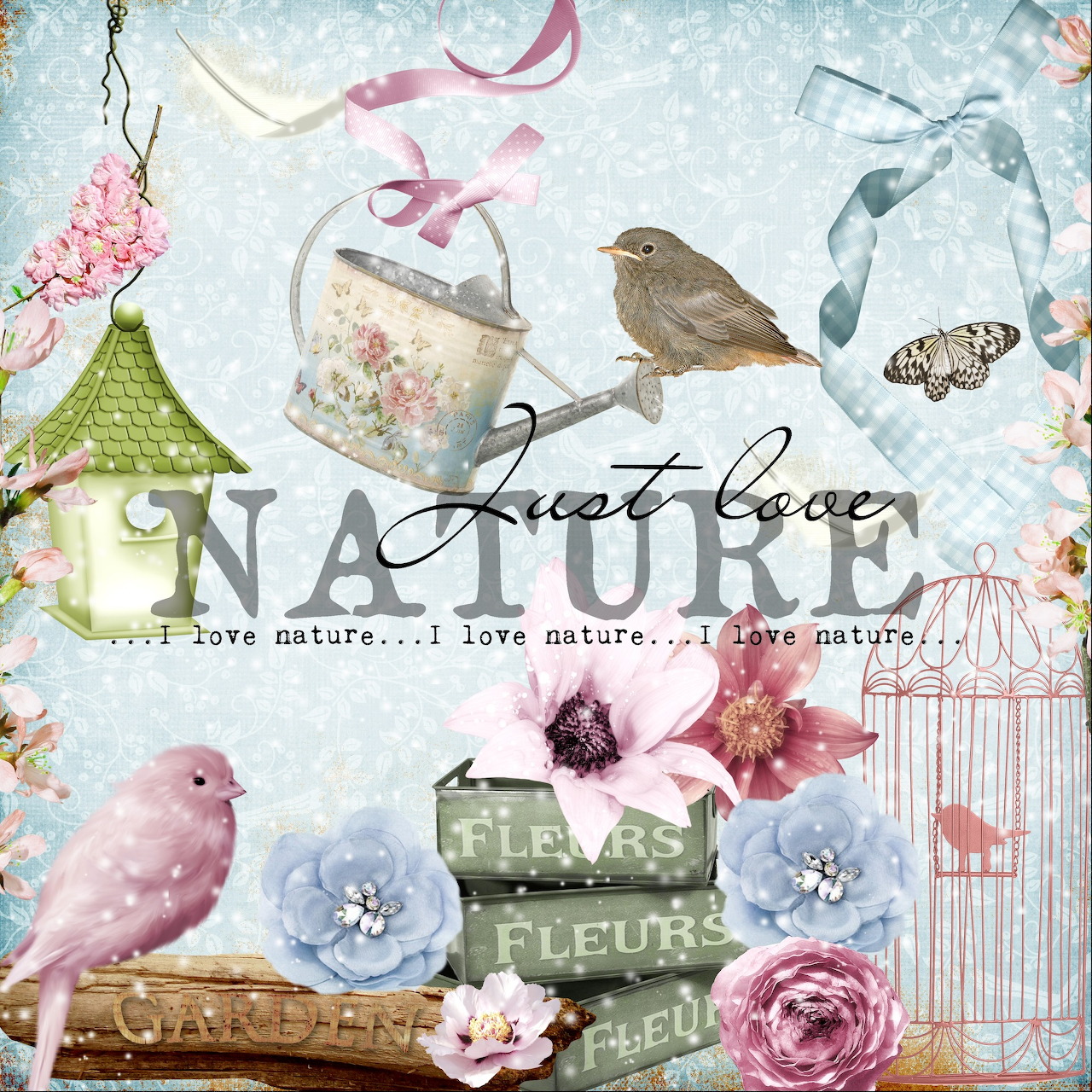 Vintage pastel collage with birds, flowers, a watering can, birdhouse, and birdcage on a soft blue background