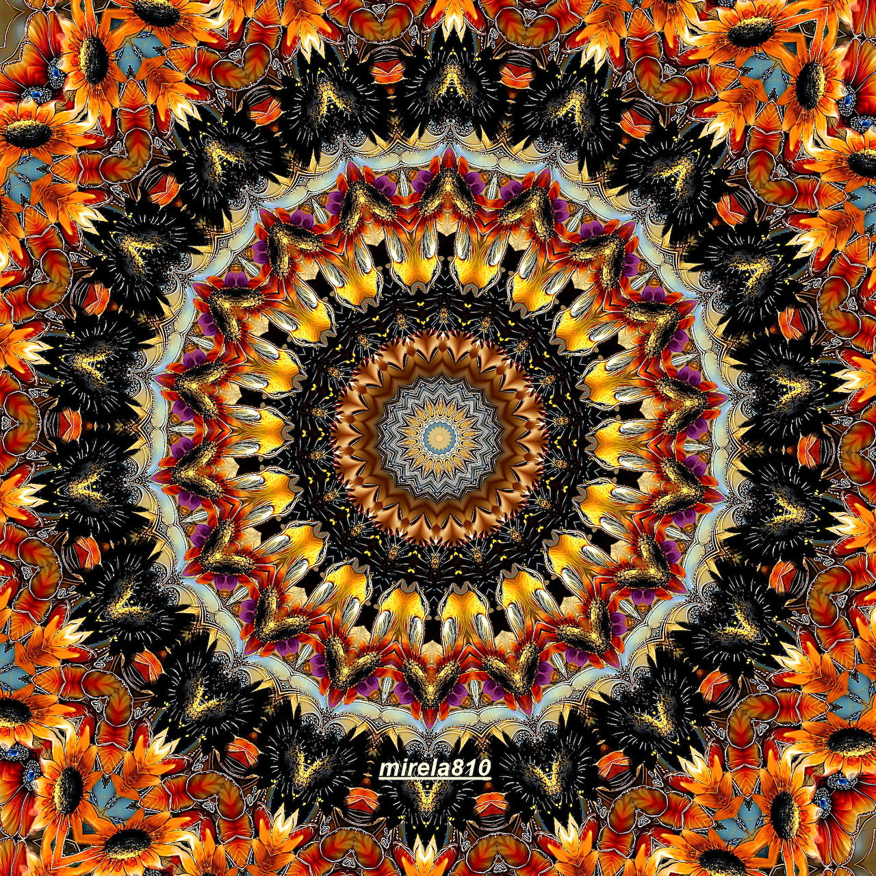 Ornate circular mandala with vibrant orange, red, yellow geometric patterns radiating from center on black background