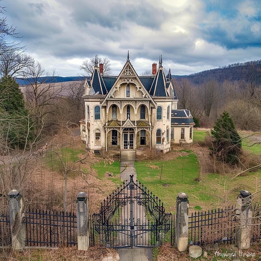 Abandoned Victorian mansion with pointed turrets behind ornate iron gates, surrounded by bare trees and overgrown grass