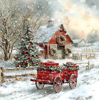 Snow-covered red barn with Christmas wreath, decorated tree, and red wagon in winter countryside setting