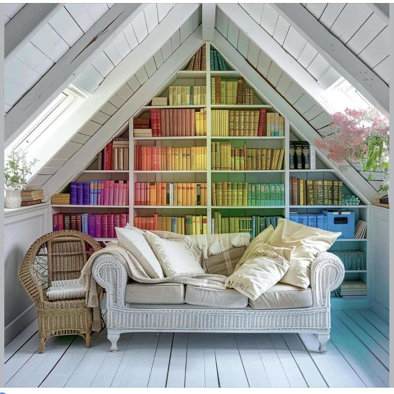 Bright attic library with rainbow-arranged books on white shelves, white sofa and wicker chair on painted floor