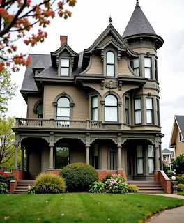 Grand Victorian mansion with turret, ornate trim, arched windows, and front lawn with autumn foliage