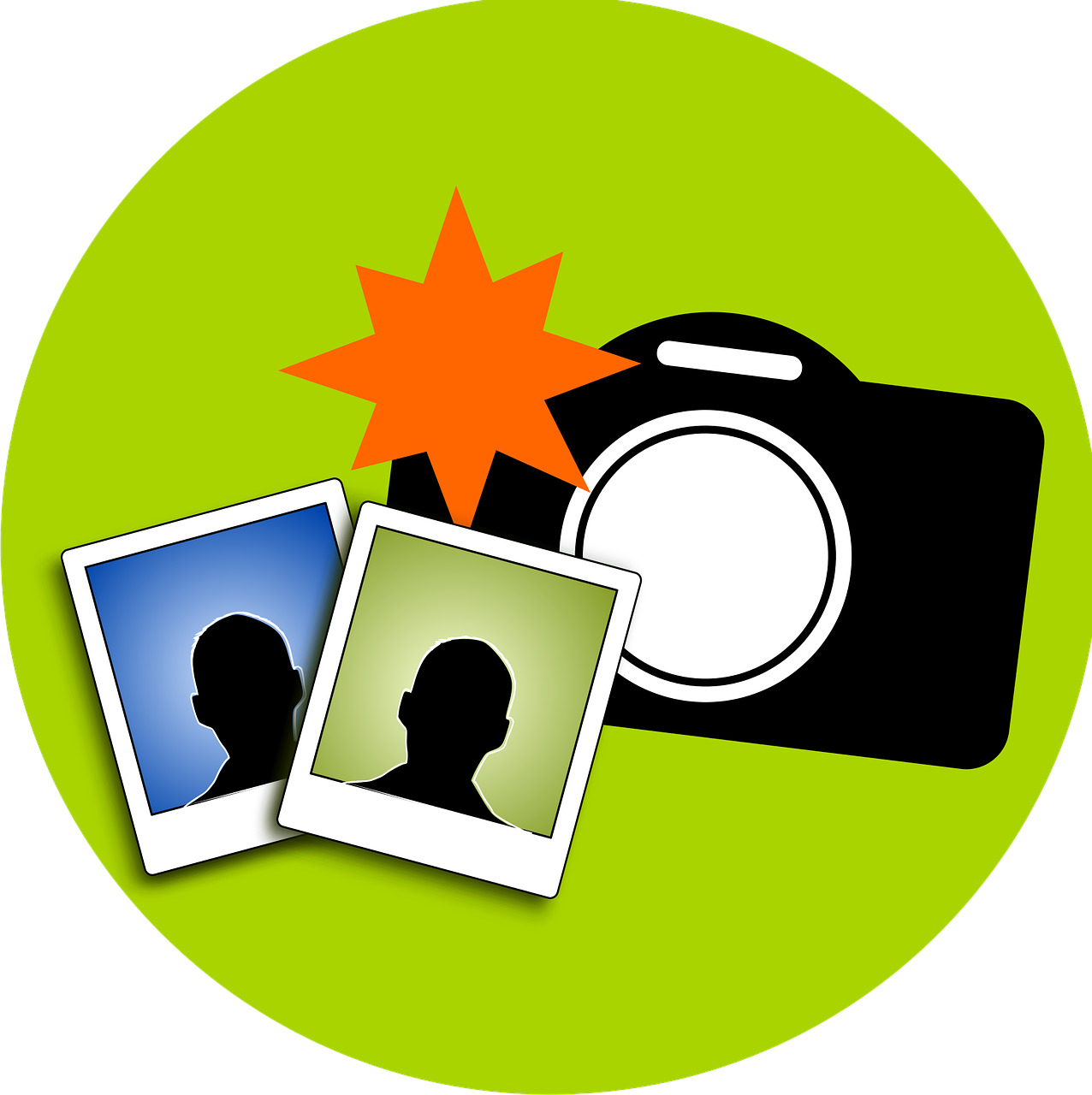 Black camera icon with two photo snapshots on a green circle