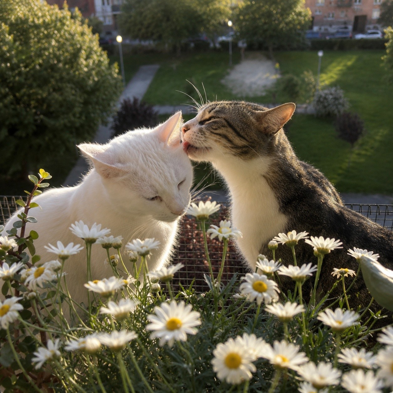 Two cats nuzzling noses among white daisies in a garden