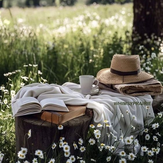 Open book with straw hat and mug on suitcase in flower meadow