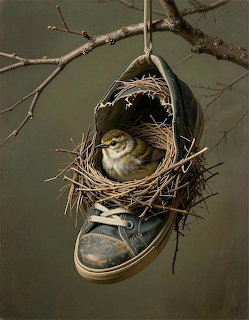 Small bird in a twig nest inside a worn hanging shoe on a tree branch