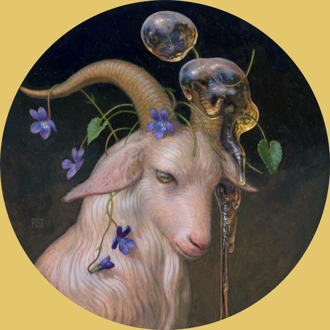 Fantasy portrait of white goat with curved horns, purple flowers, and glass spheres on dark background
