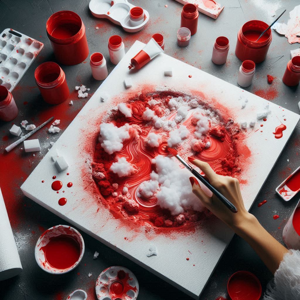 Hand painting a red abstract artwork on canvas with brushes, paint jars, and art supplies around it