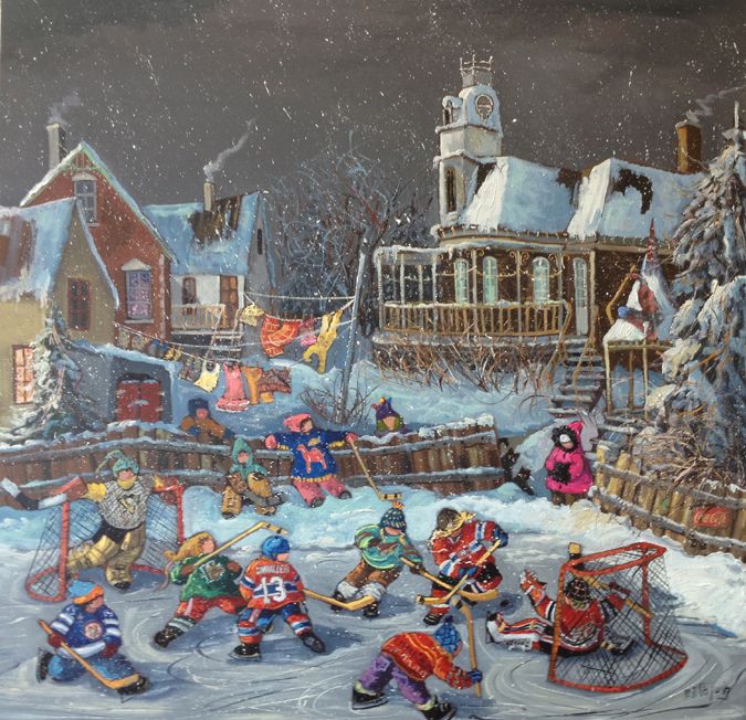 Painting of children playing hockey on a snowy rink beside rustic houses