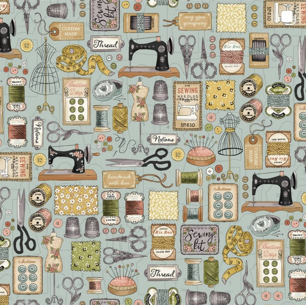Seamless pattern of vintage sewing notions and tools including scissors, thread, machines, and buttons