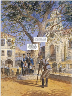 Comic illustration of a European town square with people near a large tree and a photographer with a tripod