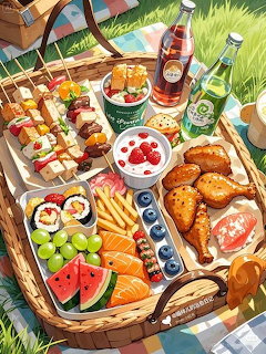 Illustrated picnic basket filled with fried chicken, sandwiches, sushi, fruit, and drinks on grass